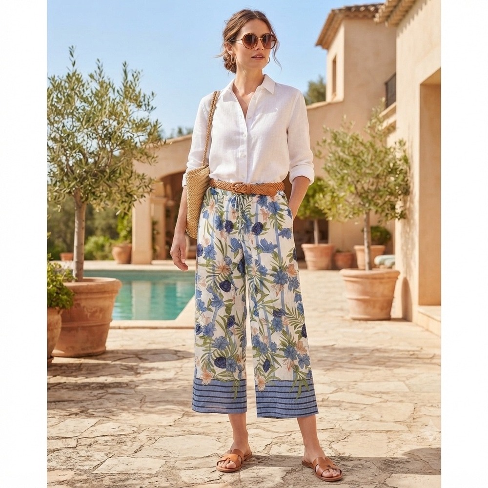 CeCe Womens Floral Wide Leg Cropped Pants Blue White Tropical‎ Stripe Small
